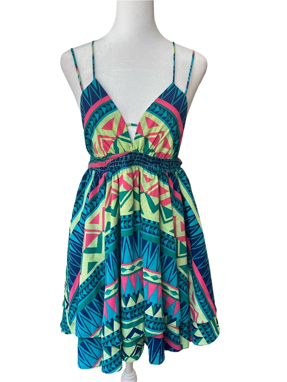 VTG Y2K Voom by Joy Han colorful Aztec tiered flowy boho smocked waist dress S